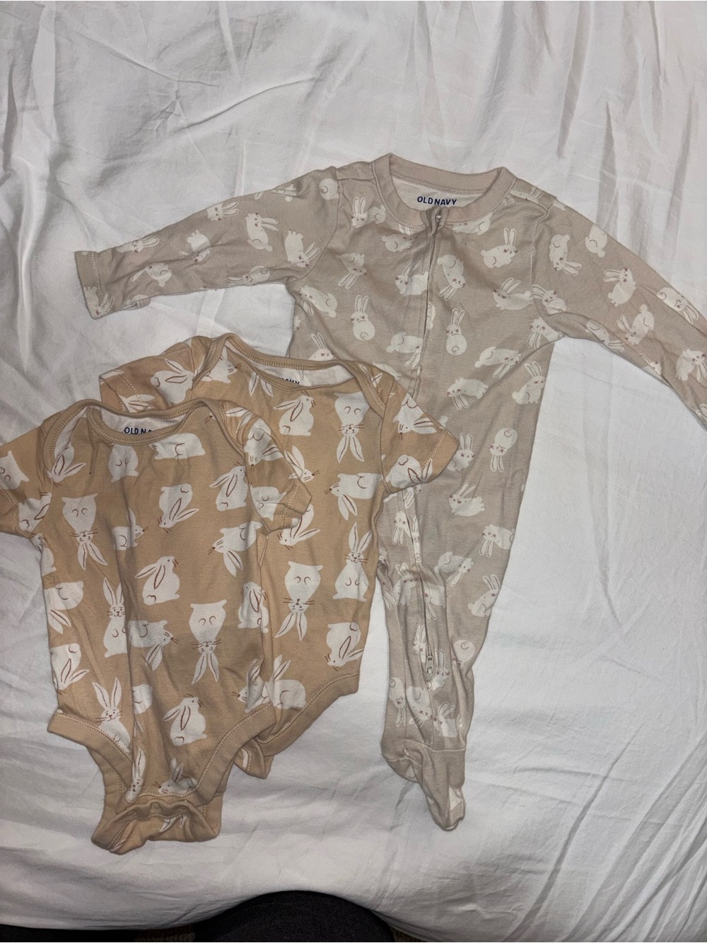 Old Navy Bunny Bundle: (3 items) 2 beige onesies & 1 bunny sleeper
